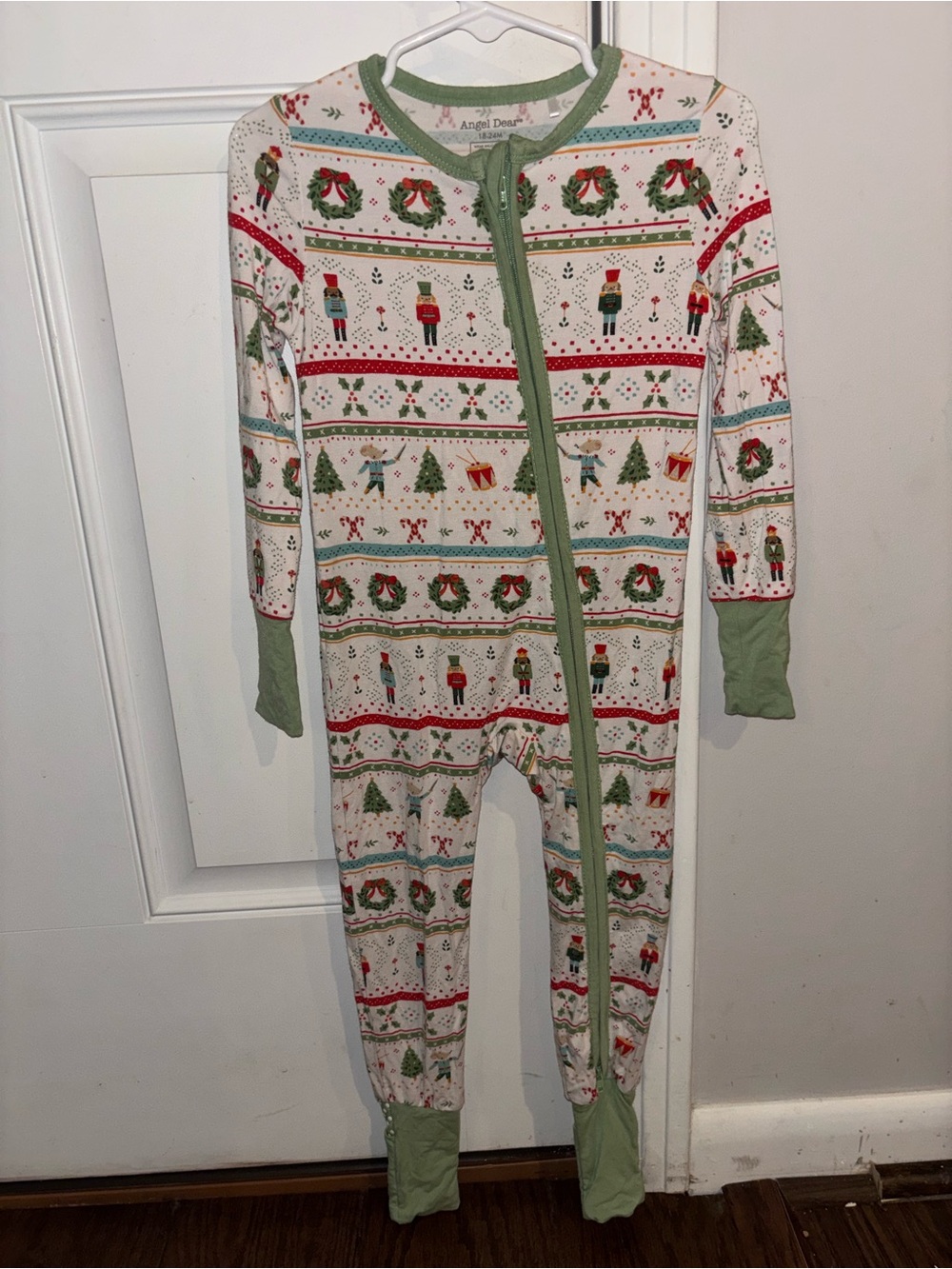 Angel Dear White Nutcracker Print Kids One-Piece Pajama with Green Trim